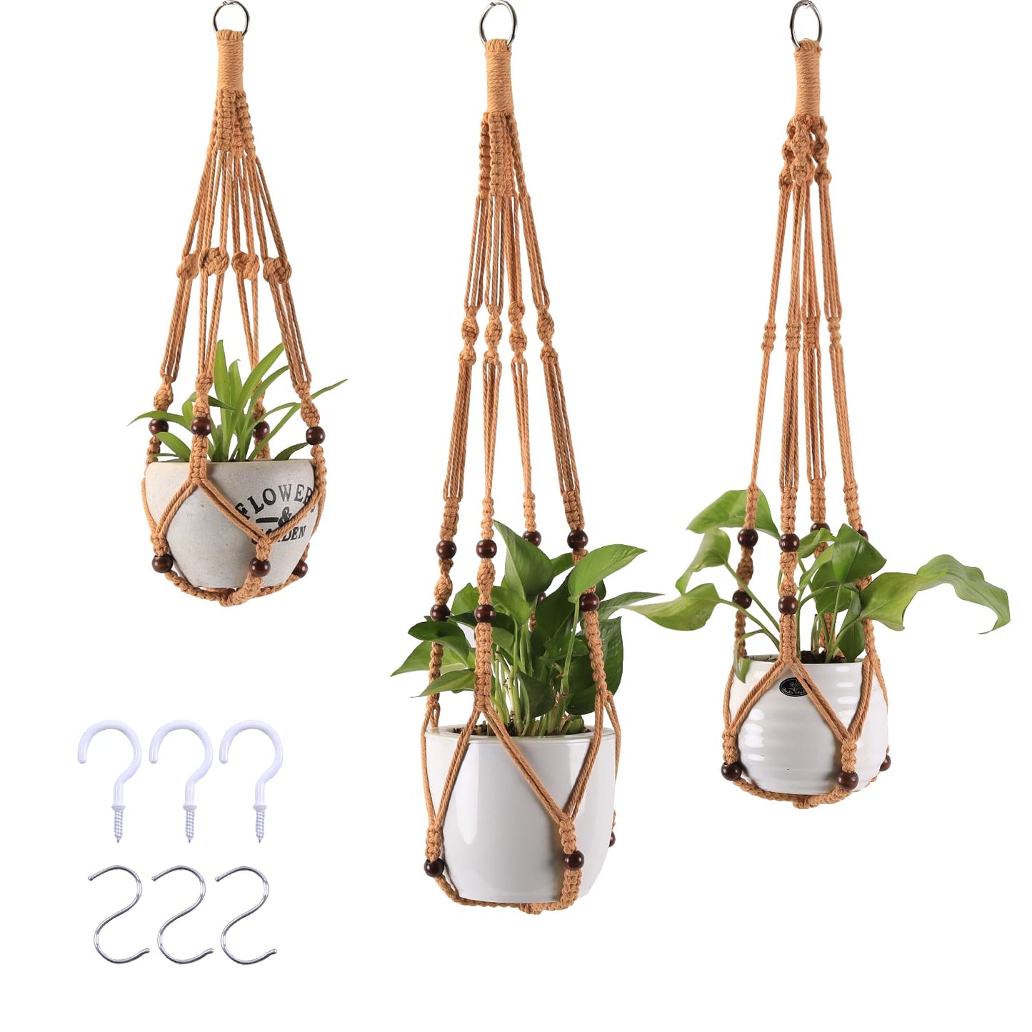 Macramé Plant Holder Set – Rustic Cotton Rope with Wooden Beads (Set of 3)