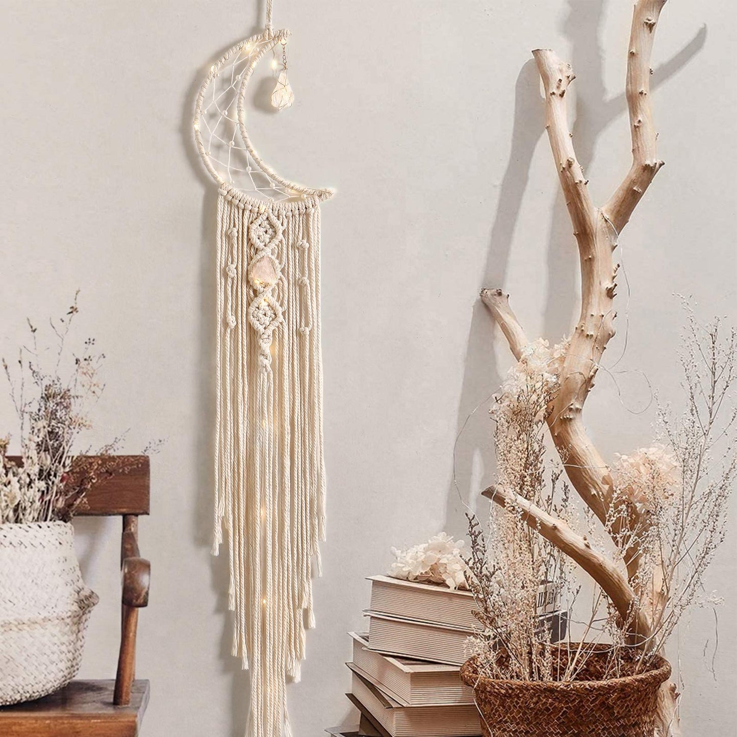 Macramé Moon Wall Hanging – Celestial Boho Décor with Crystal & Lights