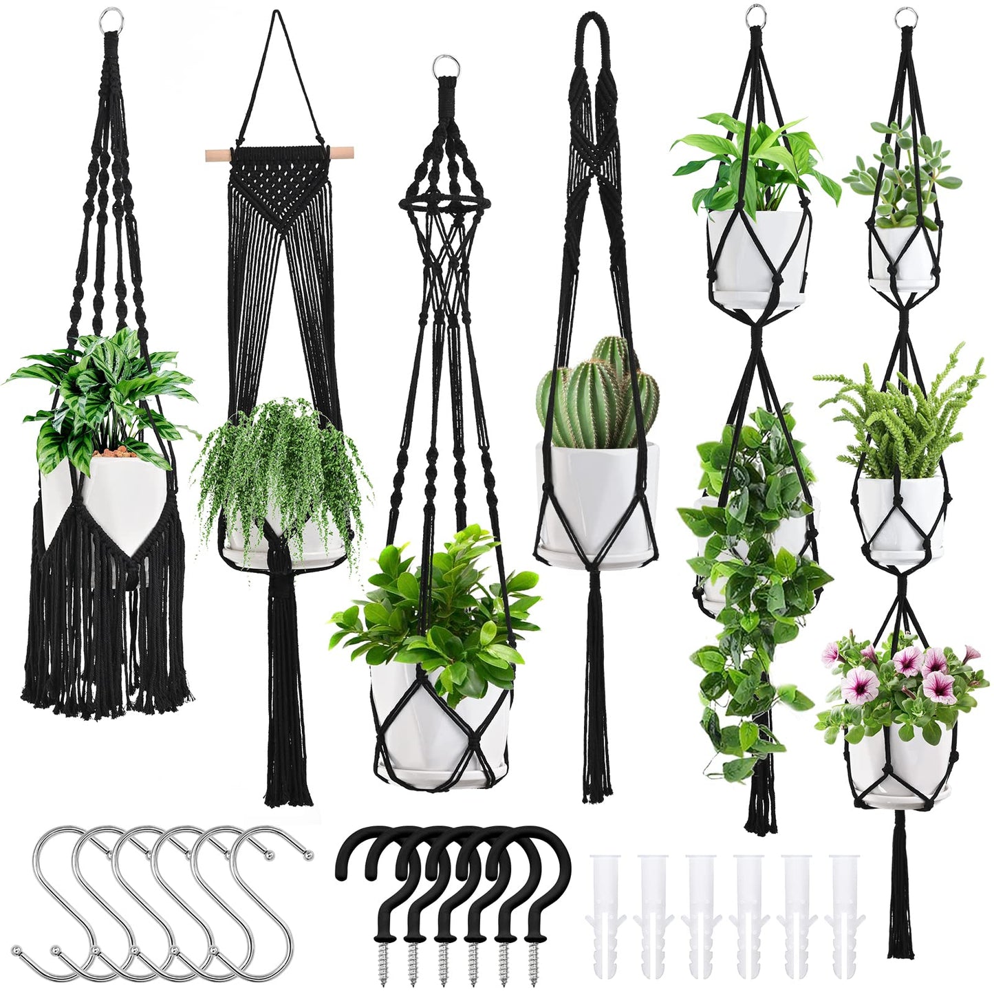 Macramé Plant Hanger Set – Black Cotton 6-Piece Bundle with Hooks