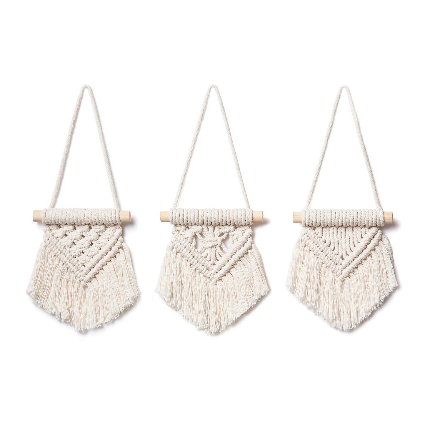 Mini macramé wall hanging – 8.5 inch handmade cotton fringe decor with wood dowel, boho style – Urban Nest