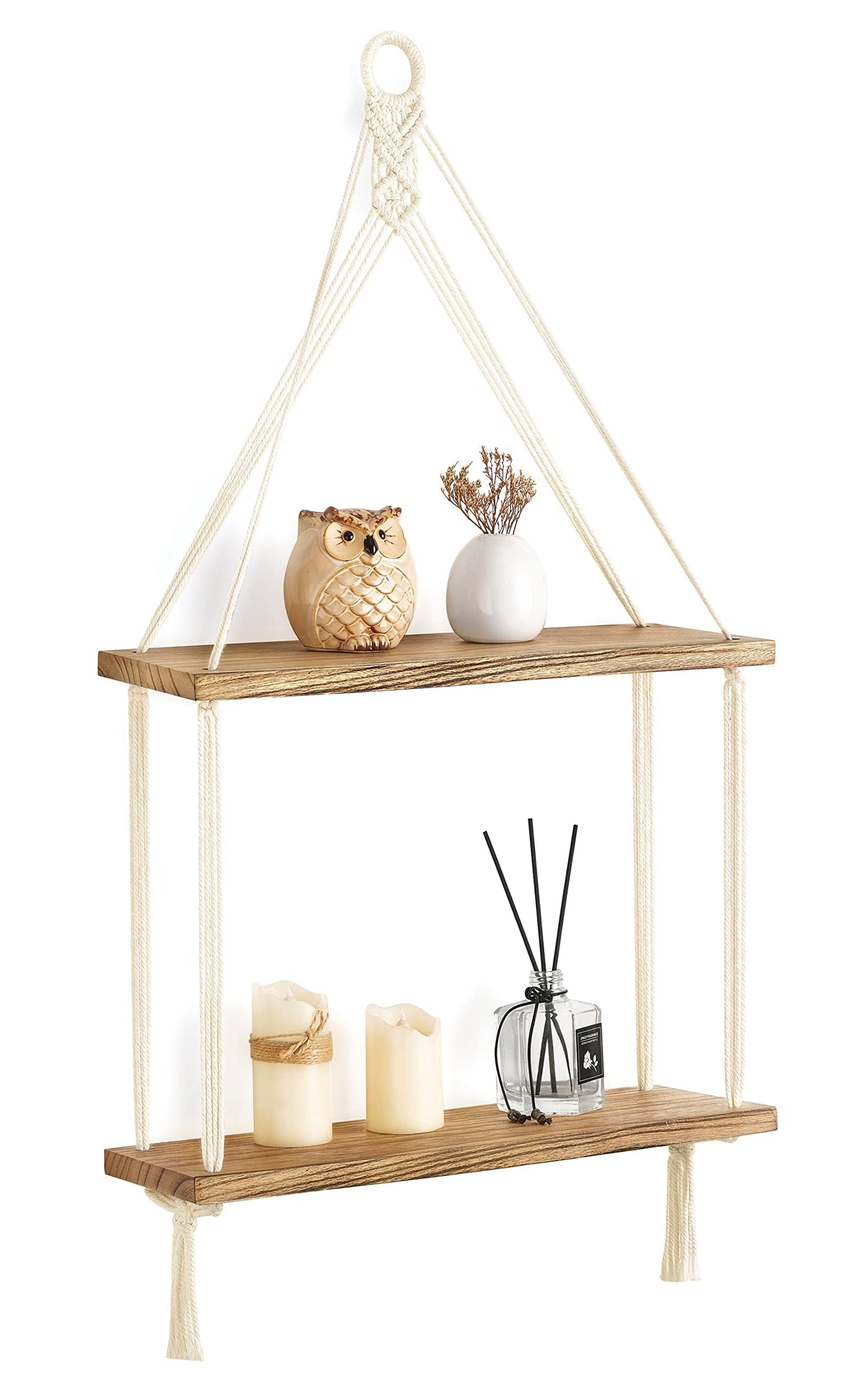 Macramé 2-tier wall shelf with cotton rope and pinewood boards – Urban Nest India