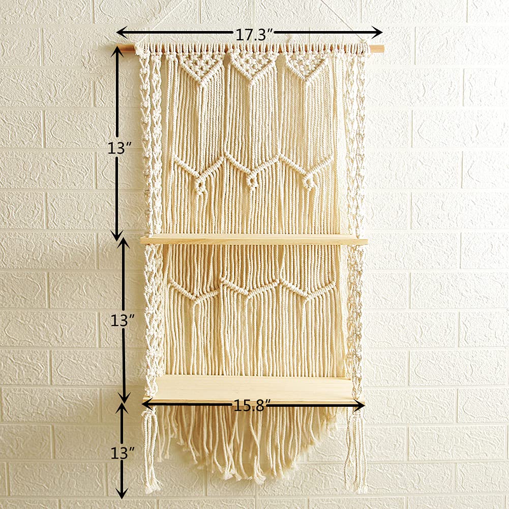 Macramé Wall Shelves – 2-Tier 16 Inch Hanging Display with Boho Backdrop