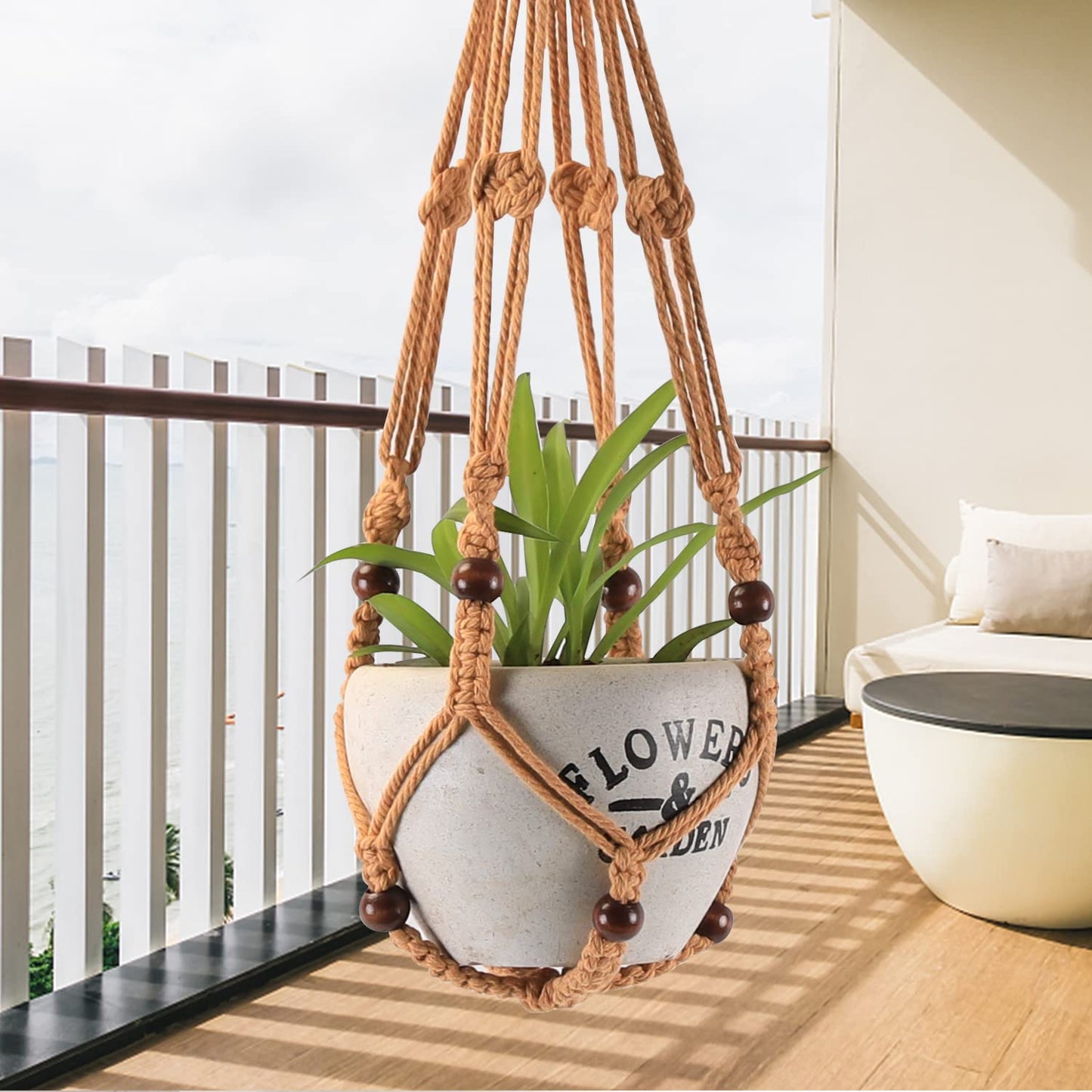 Macramé Plant Holder Set – Rustic Cotton Rope with Wooden Beads (Set of 3)