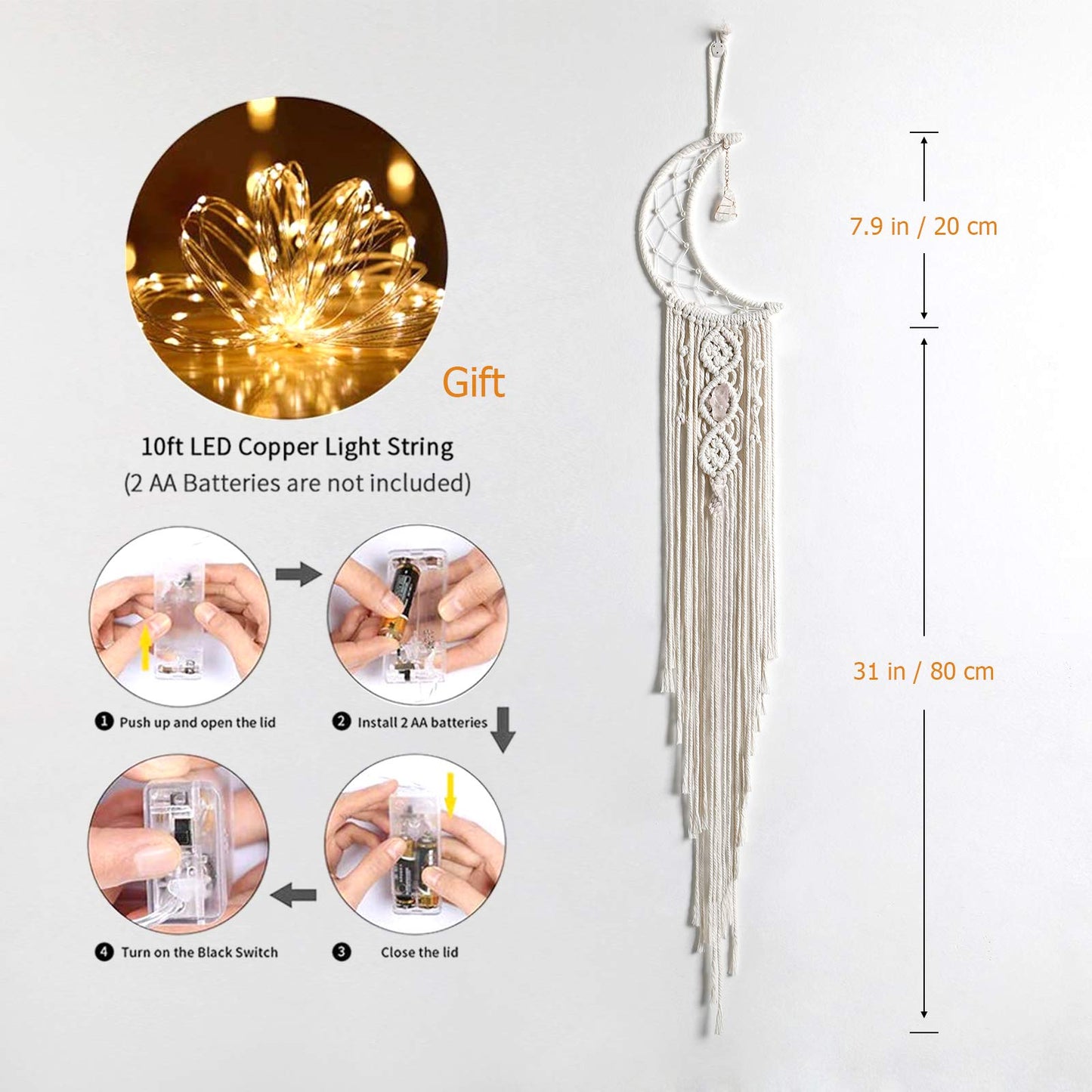 Macramé Moon Wall Hanging – Celestial Boho Décor with Crystal & Lights