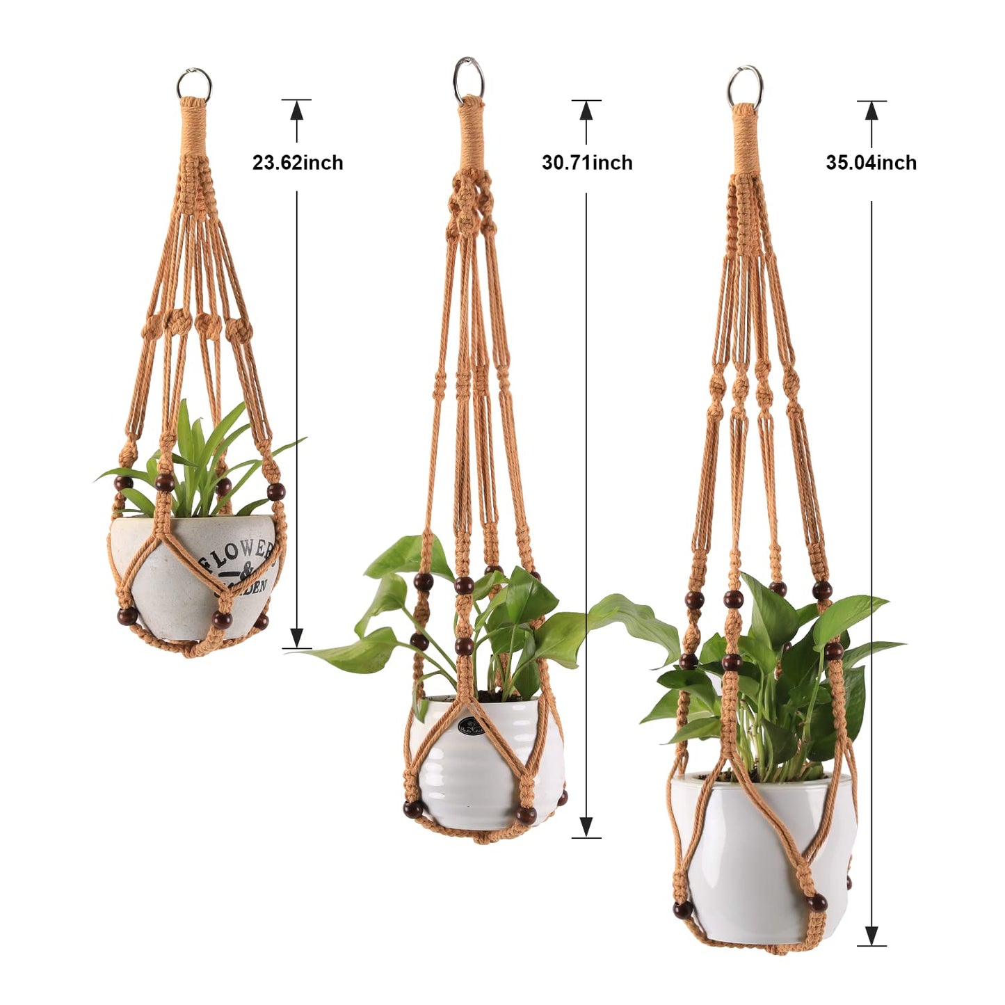 Macramé Plant Holder Set – Rustic Cotton Rope with Wooden Beads (Set of 3)