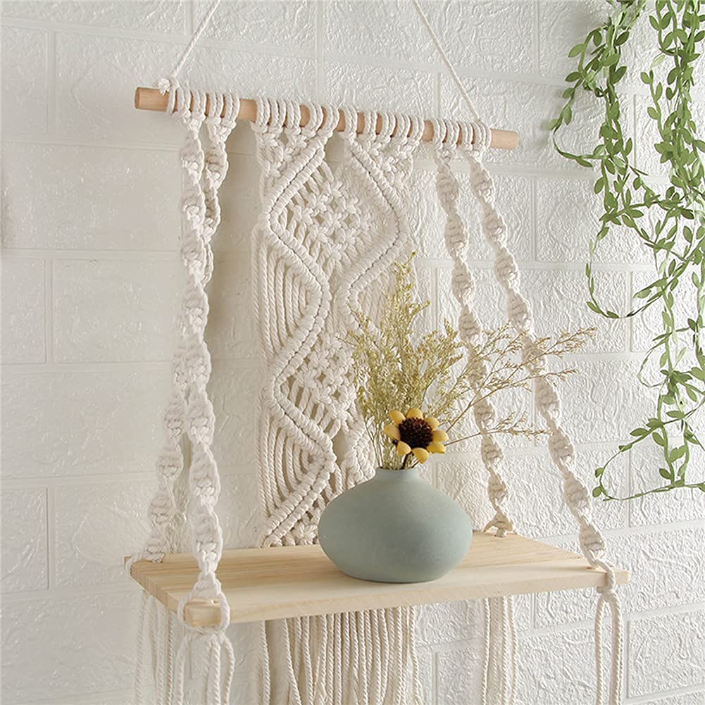 Macramé Wall Shelf – 14 Inch Boho Hanging Display with Wooden Base