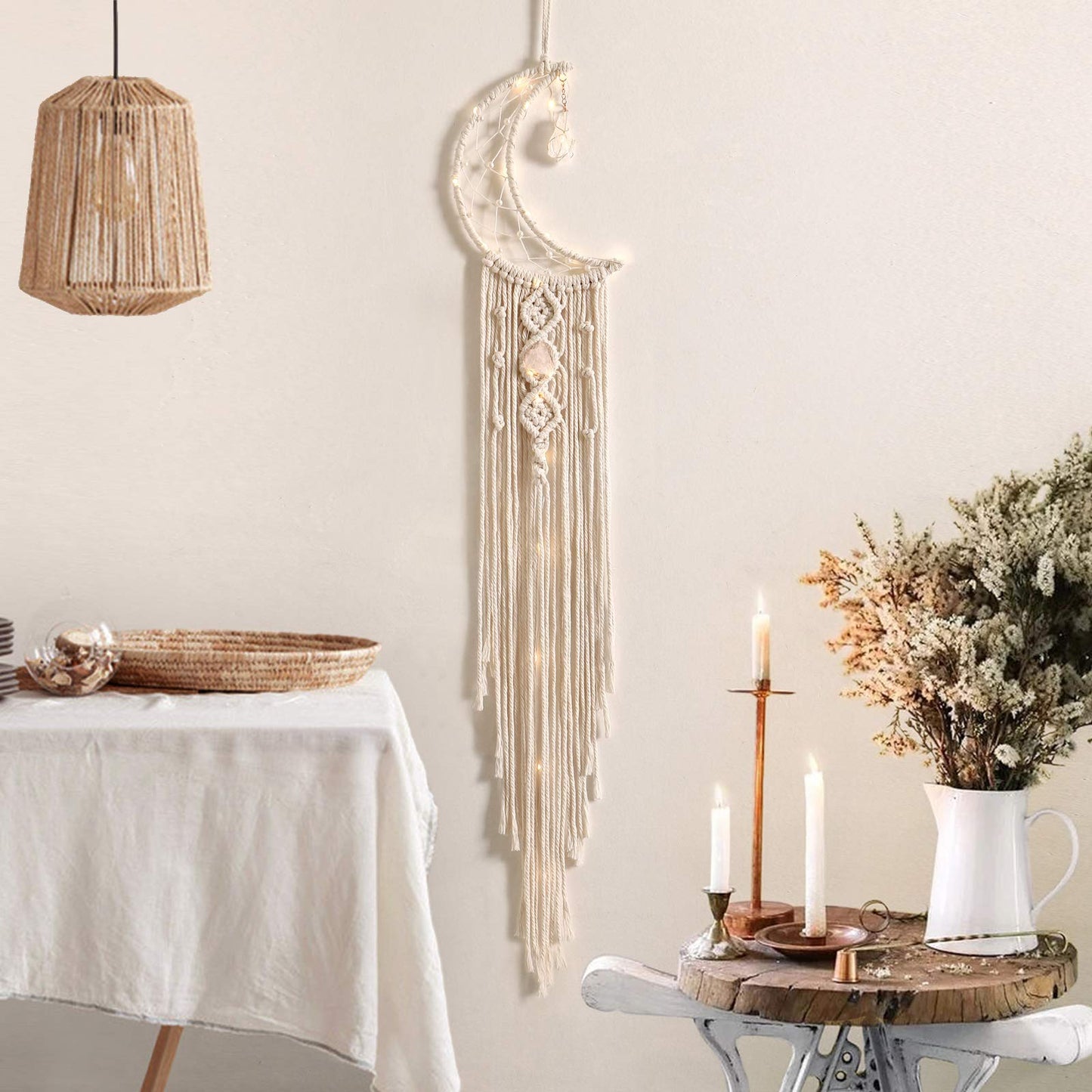 Macramé Moon Wall Hanging – Celestial Boho Décor with Crystal & Lights