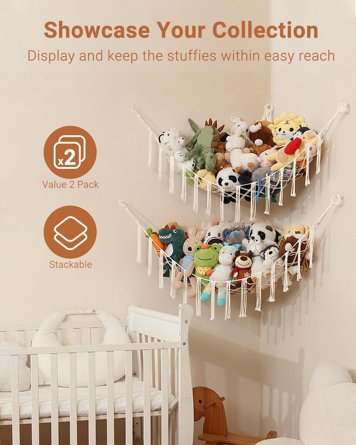 Macramé Toy Hammock – Boho Corner Net Organizer for Stuffed Animals