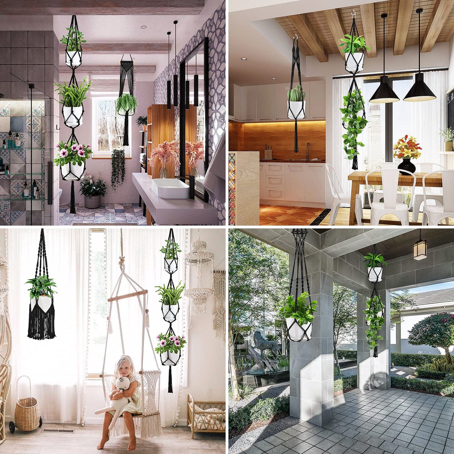 Macramé Plant Hanger Set – Black Cotton 6-Piece Bundle with Hooks