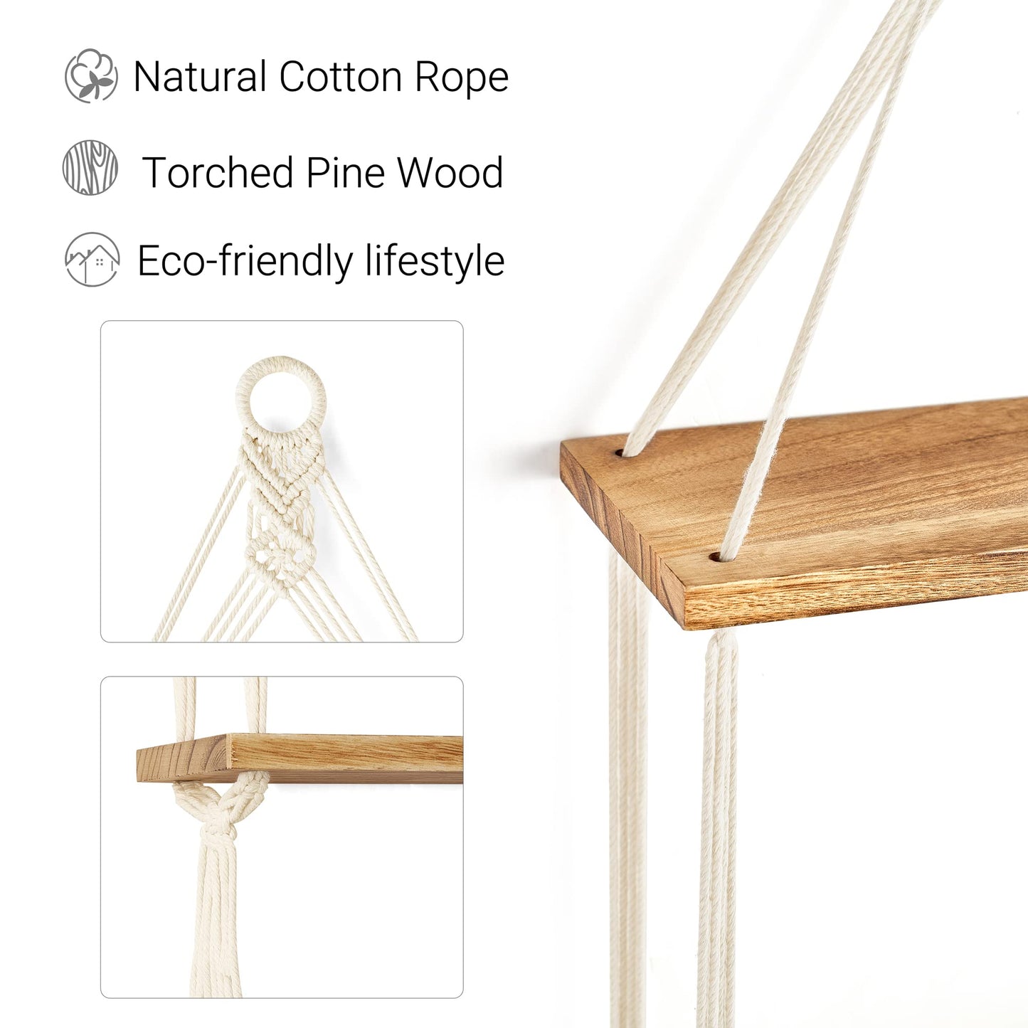 Macramé Double Wall Shelf – 2-Tier Boho Hanging Organizer with Wooden Ring