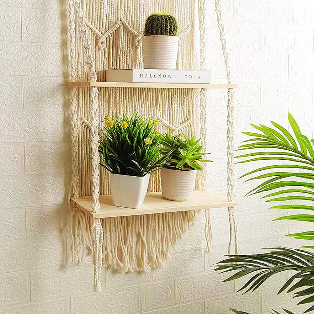 Macramé Wall Shelves – 2-Tier 16 Inch Hanging Display with Boho Backdrop