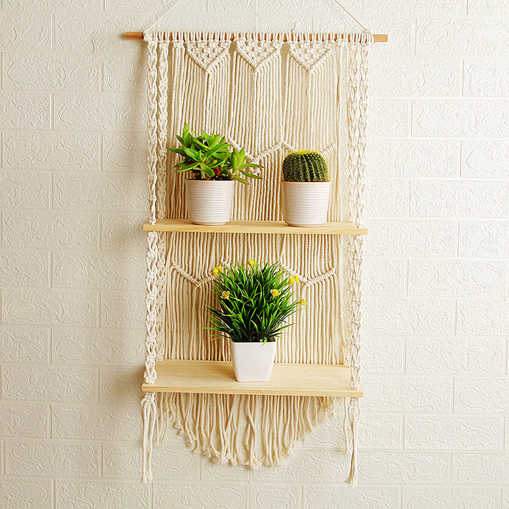Macramé Wall Shelves – 2-Tier 16 Inch Hanging Display with Boho Backdrop