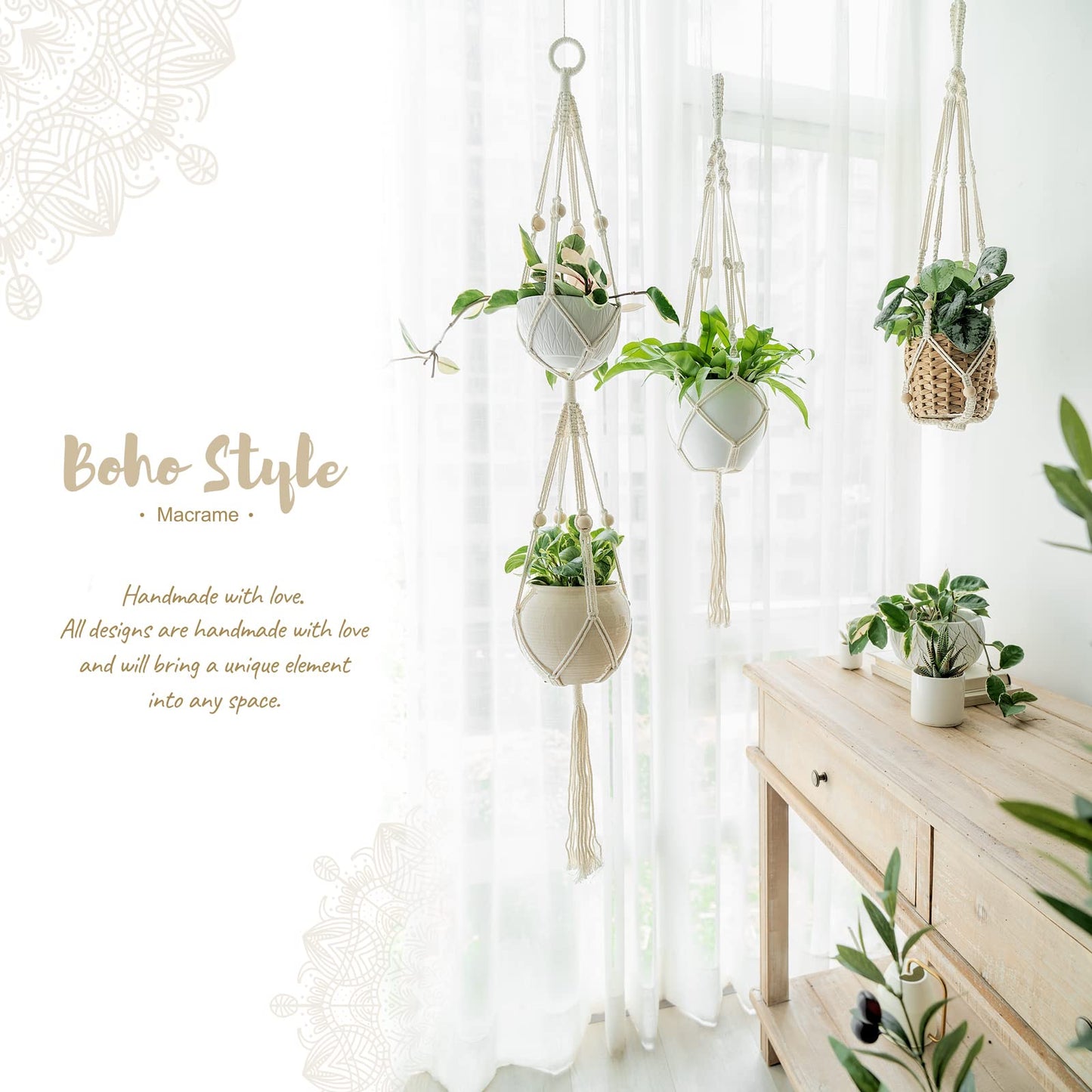 Macramé Double Plant Hanger – (Set 2) Indoor Boho Planter Holder