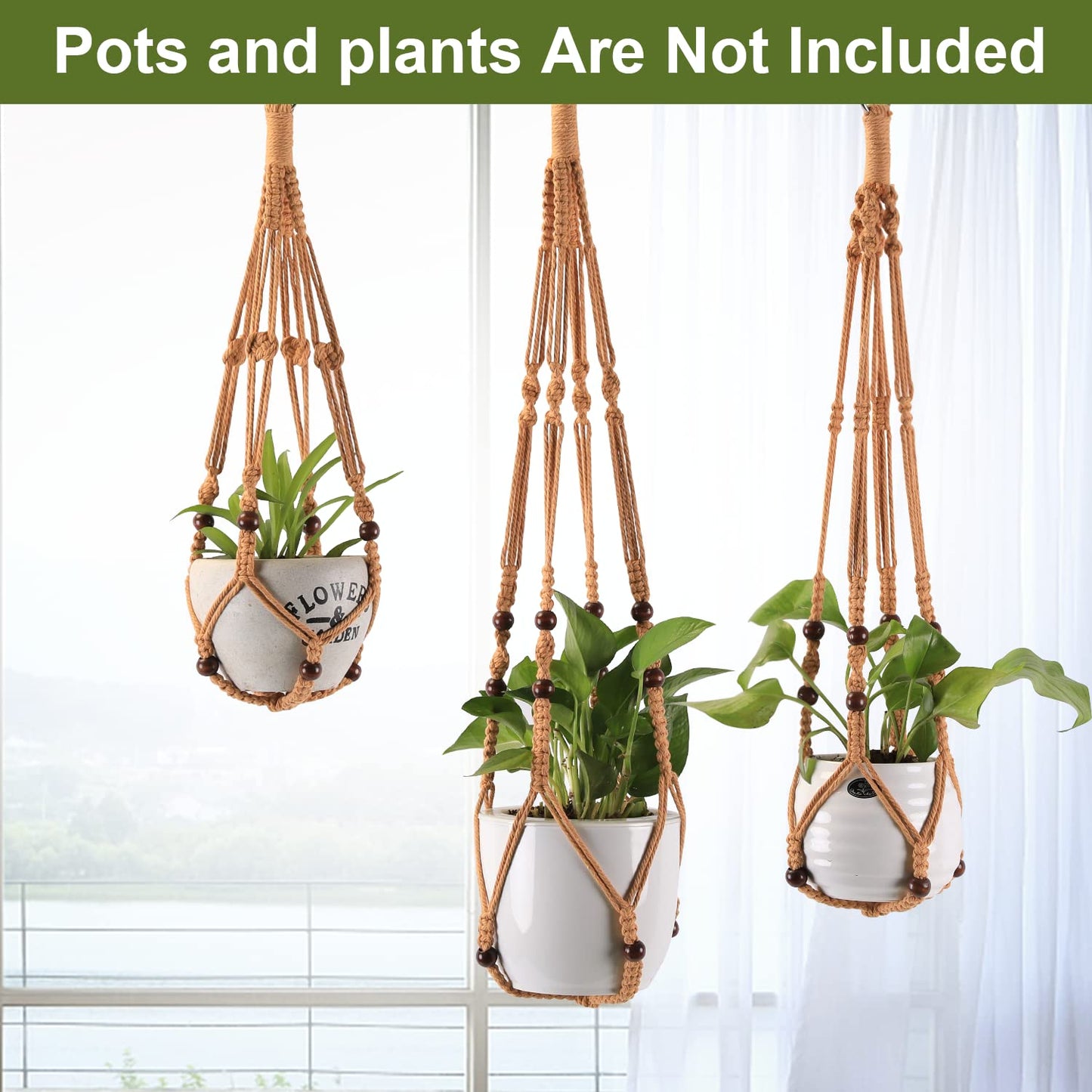 Macramé Plant Holder Set – Rustic Cotton Rope with Wooden Beads (Set of 3)