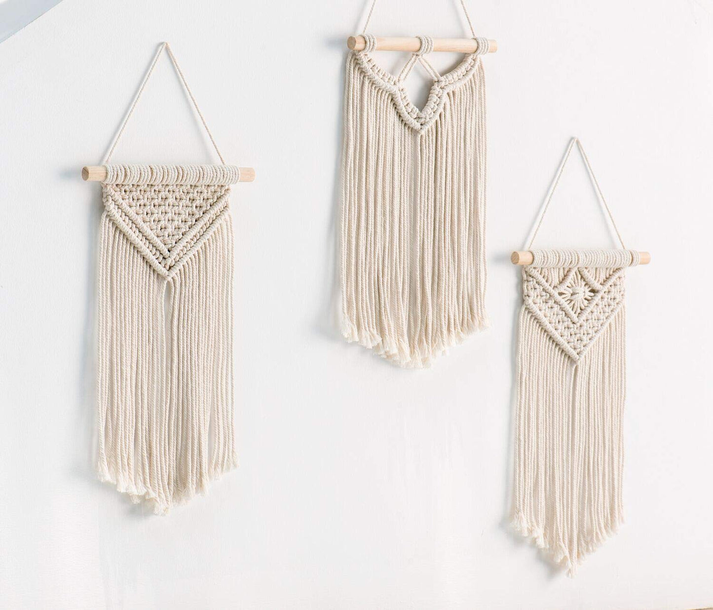 Set of 3 Mini Macramé Wall Hangings – Boho Cotton Tapestry Décor