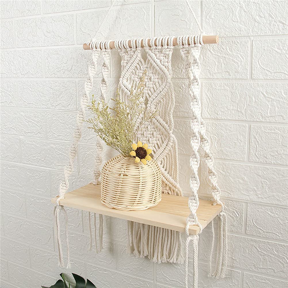 Macramé Wall Shelf – 14 Inch Boho Hanging Display with Wooden Base