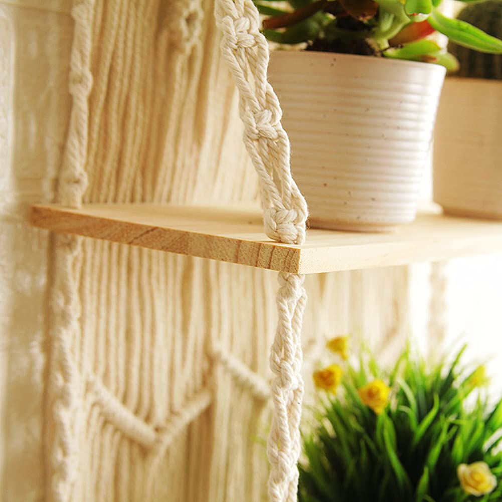 Macramé Wall Shelves – 2-Tier 16 Inch Hanging Display with Boho Backdrop
