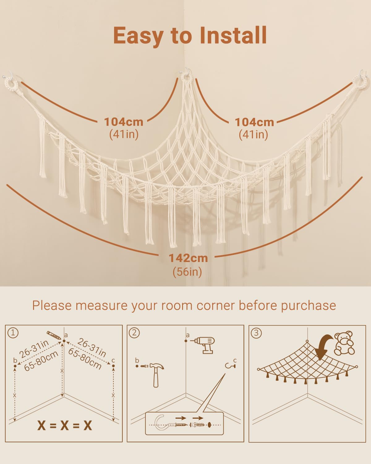 Macramé Toy Hammock – Boho Corner Net Organizer for Stuffed Animals