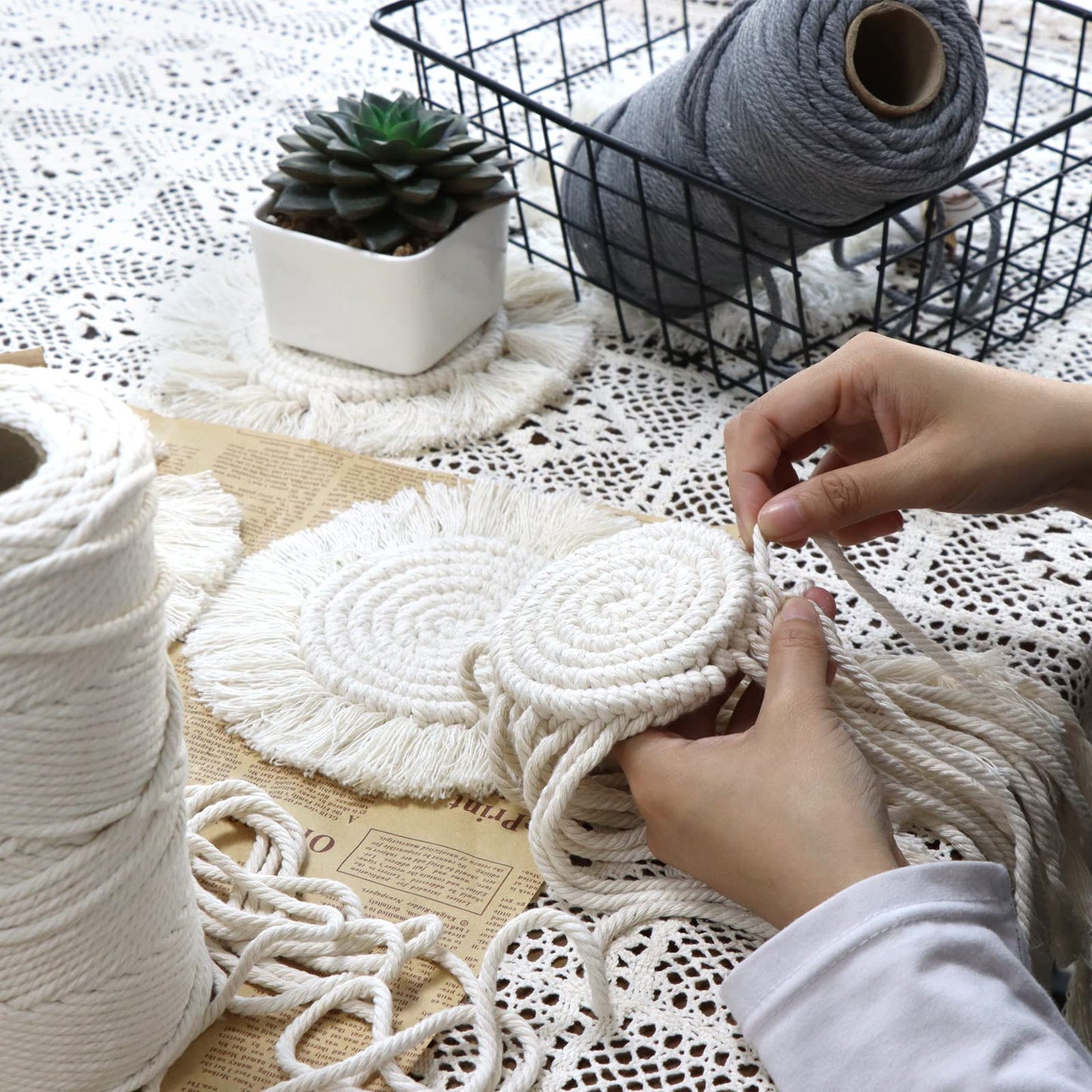 Macramé Tea Coaster Set (Set of 2) – Handwoven Cotton Boho Table Mats