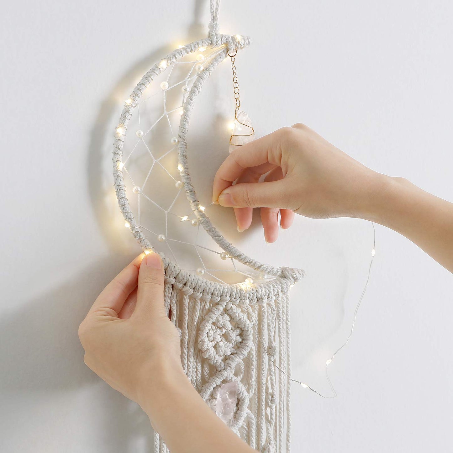 Macramé Moon Wall Hanging – Celestial Boho Décor with Crystal & Lights