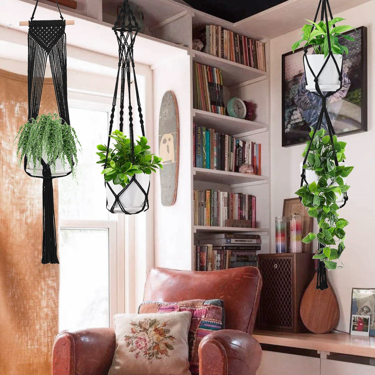 Macramé Plant Hanger Set – Black Cotton 6-Piece Bundle with Hooks