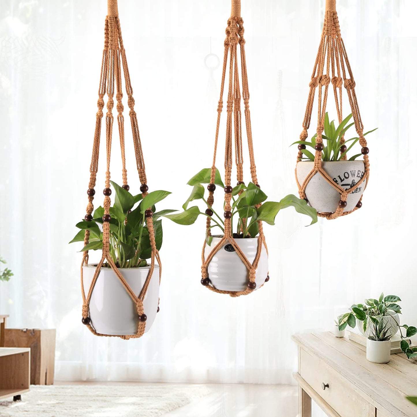 Macramé Plant Holder Set – Rustic Cotton Rope with Wooden Beads (Set of 3)