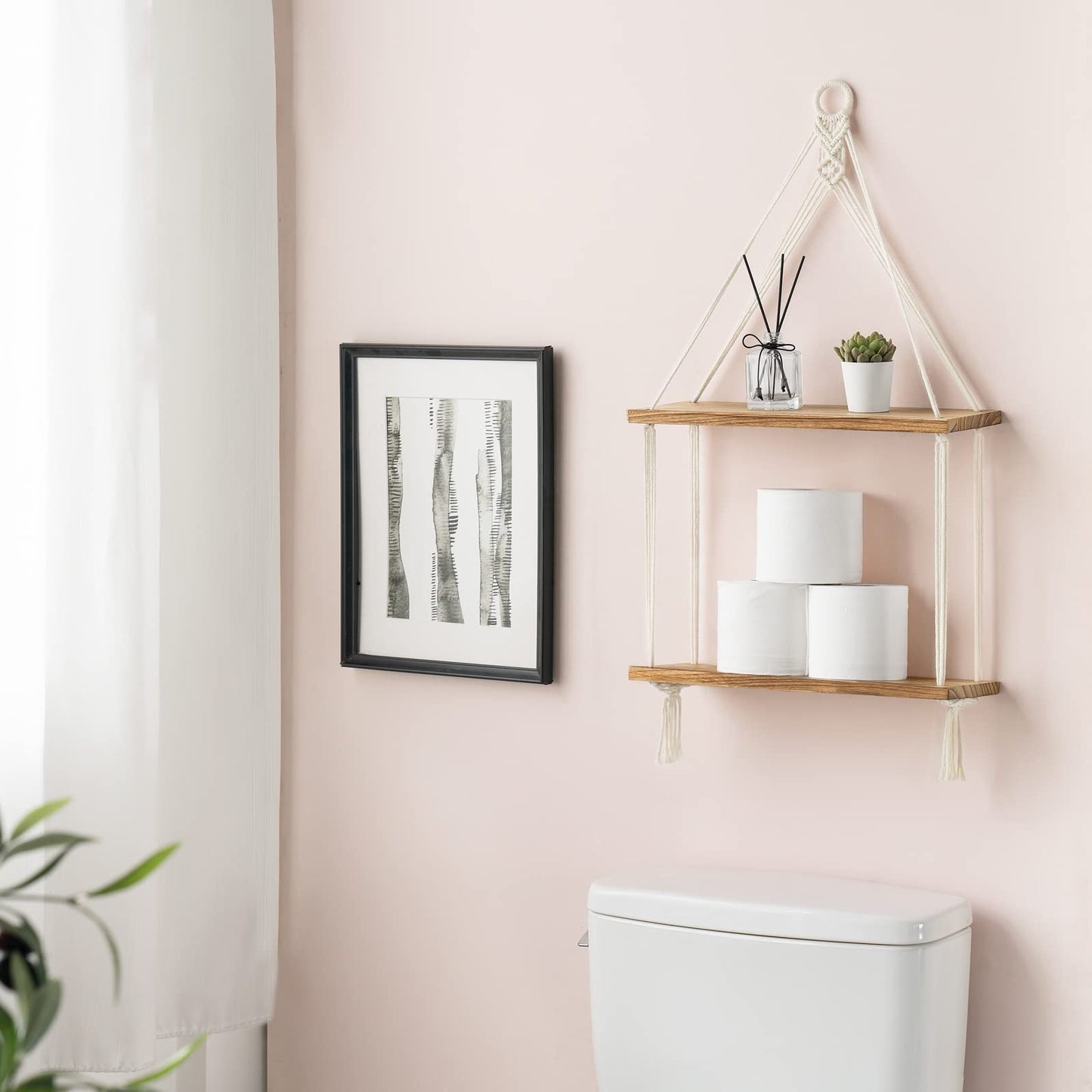 Macramé Double Wall Shelf – 2-Tier Boho Hanging Organizer with Wooden Ring