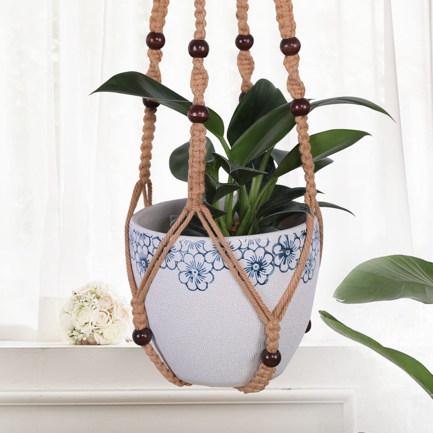 Macramé Plant Holder Set – Rustic Cotton Rope with Wooden Beads (Set of 3)