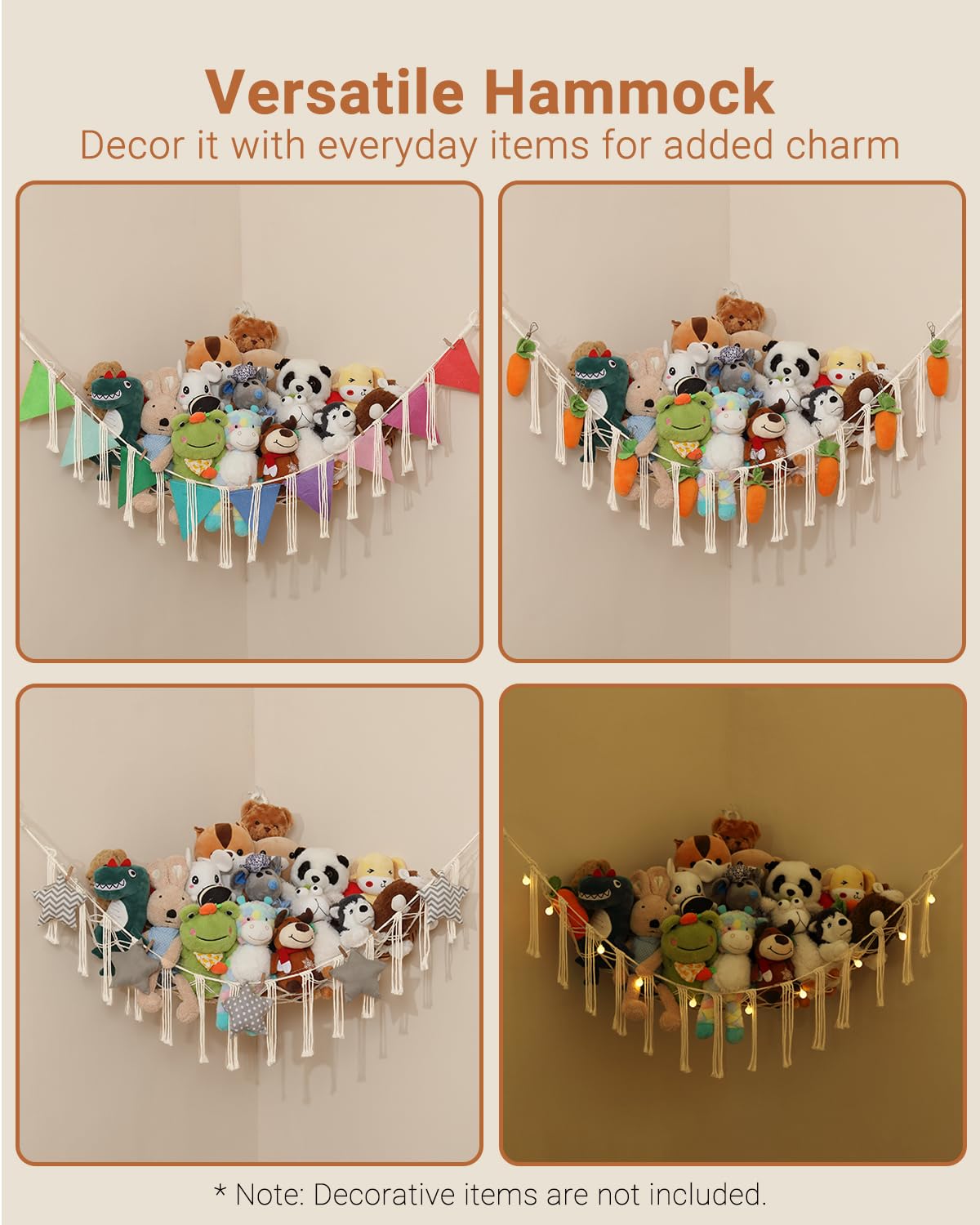 Macramé Toy Hammock – Boho Corner Net Organizer for Stuffed Animals