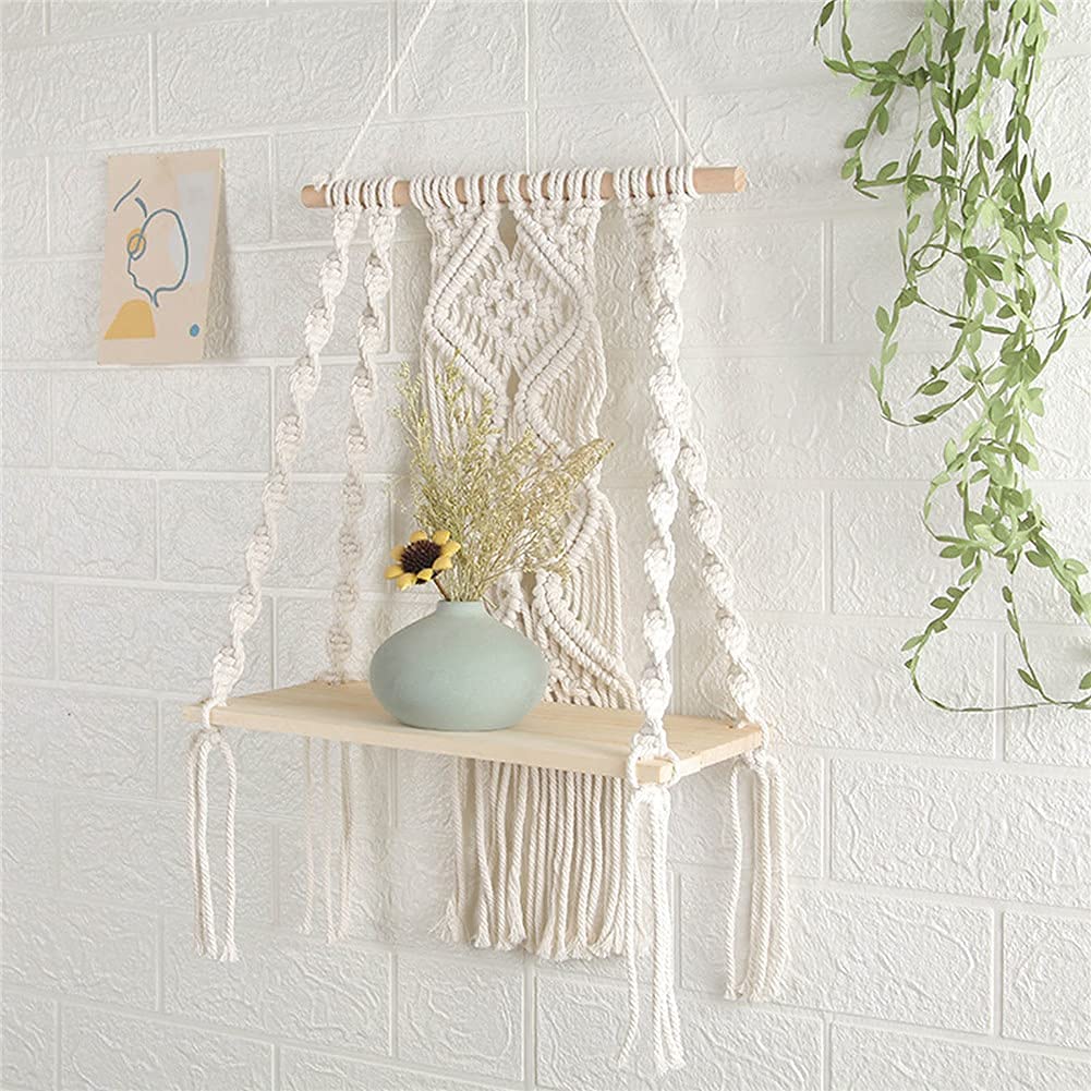 Macramé Wall Shelf – 14 Inch Boho Hanging Display with Wooden Base