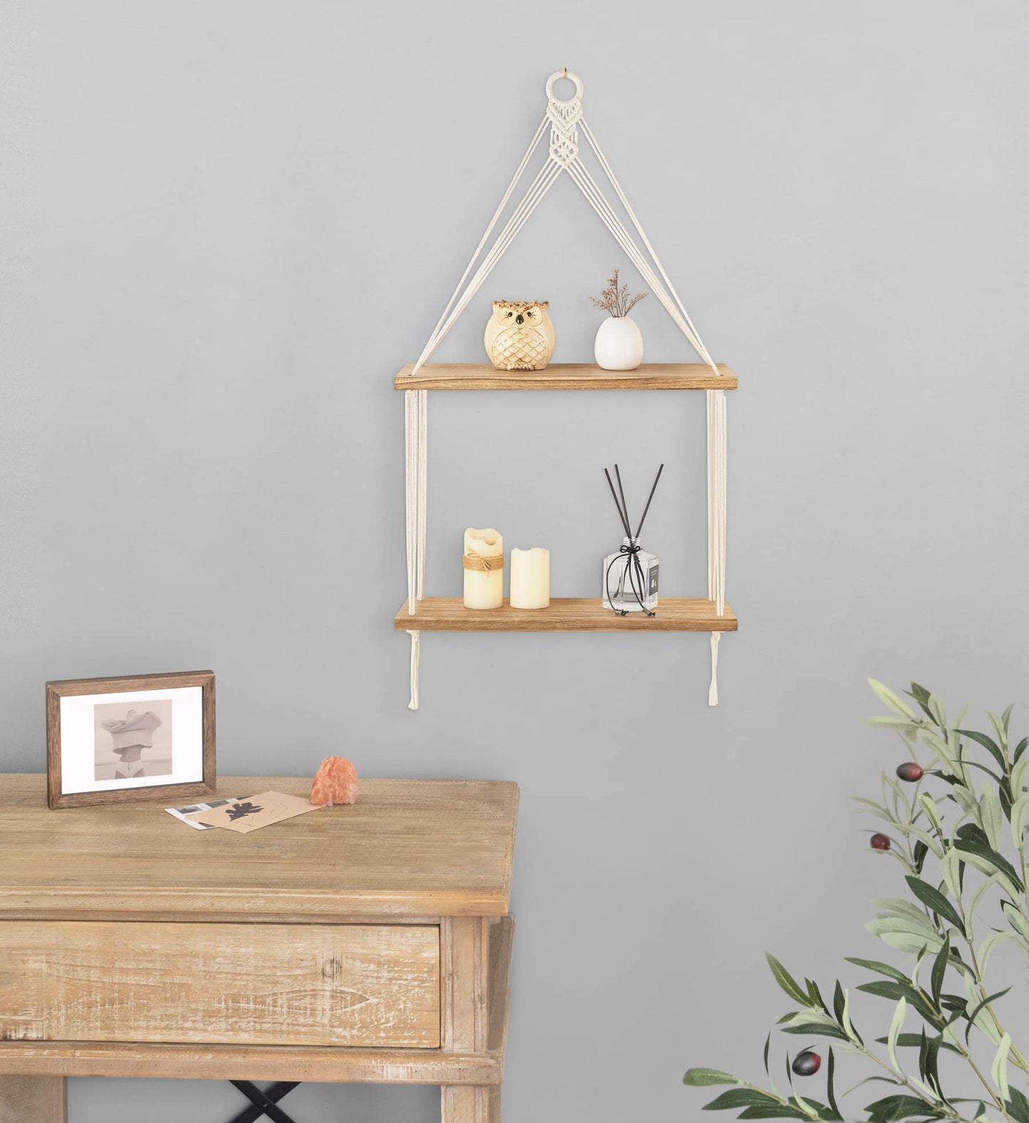 Macramé Double Wall Shelf – 2-Tier Boho Hanging Organizer with Wooden Ring