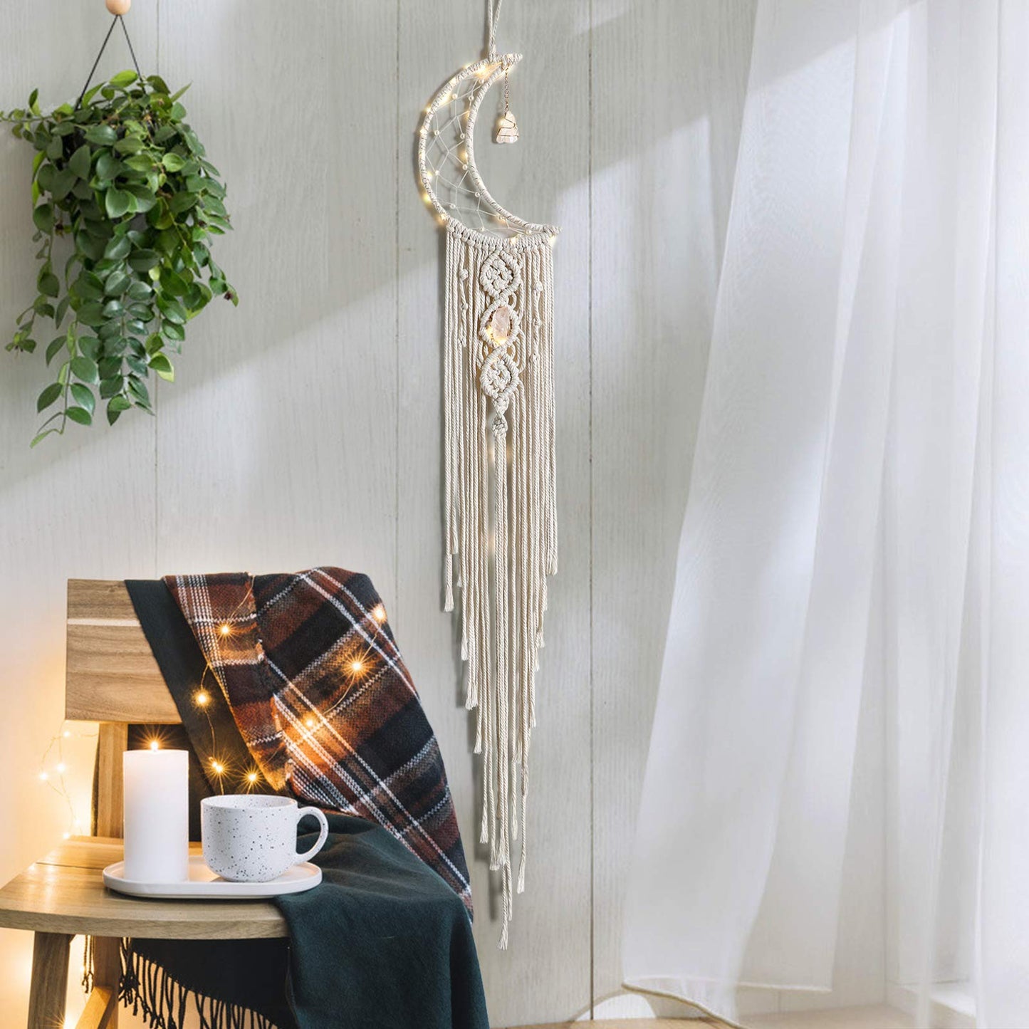 Macramé Moon Wall Hanging – Celestial Boho Décor with Crystal & Lights