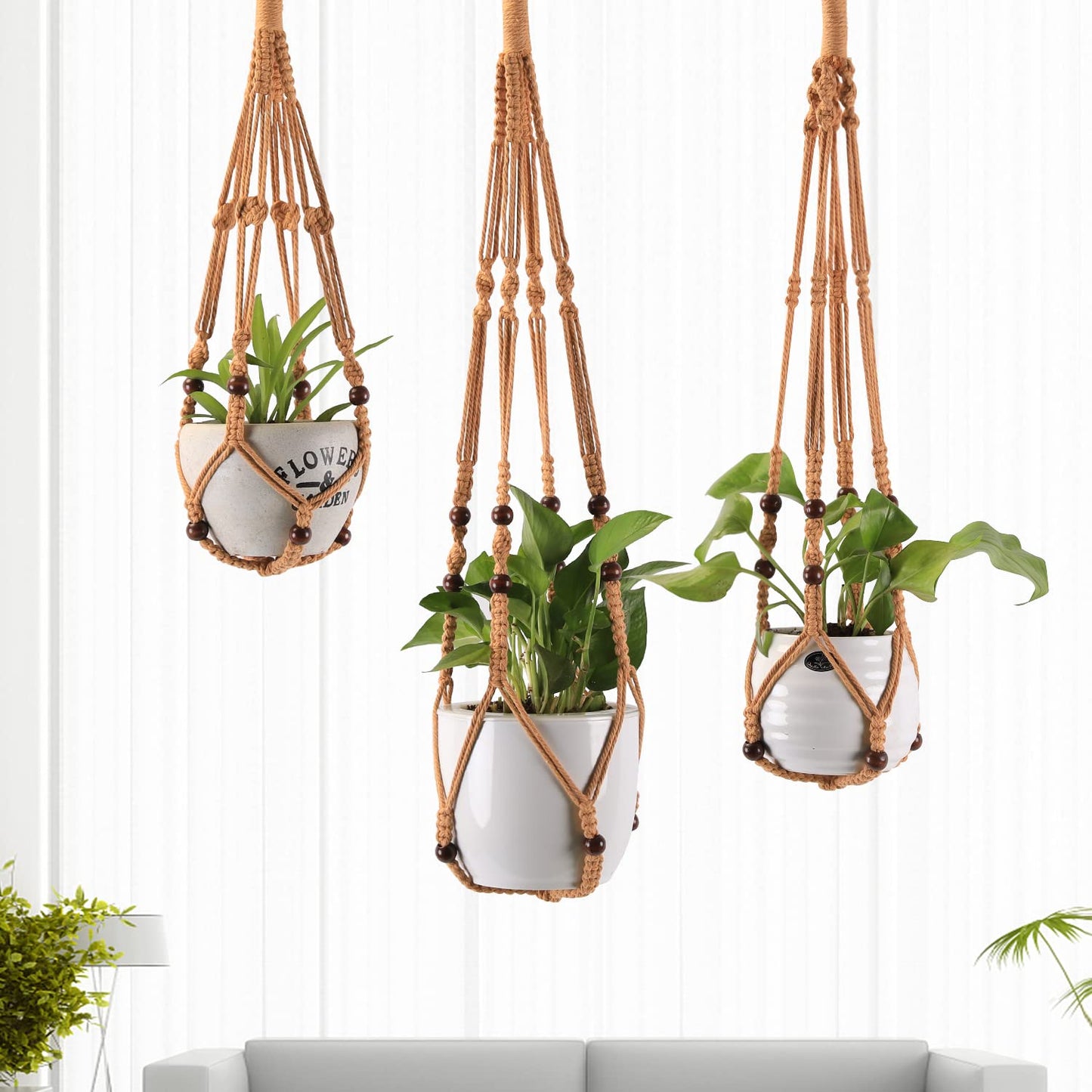 Macramé Plant Holder Set – Rustic Cotton Rope with Wooden Beads (Set of 3)