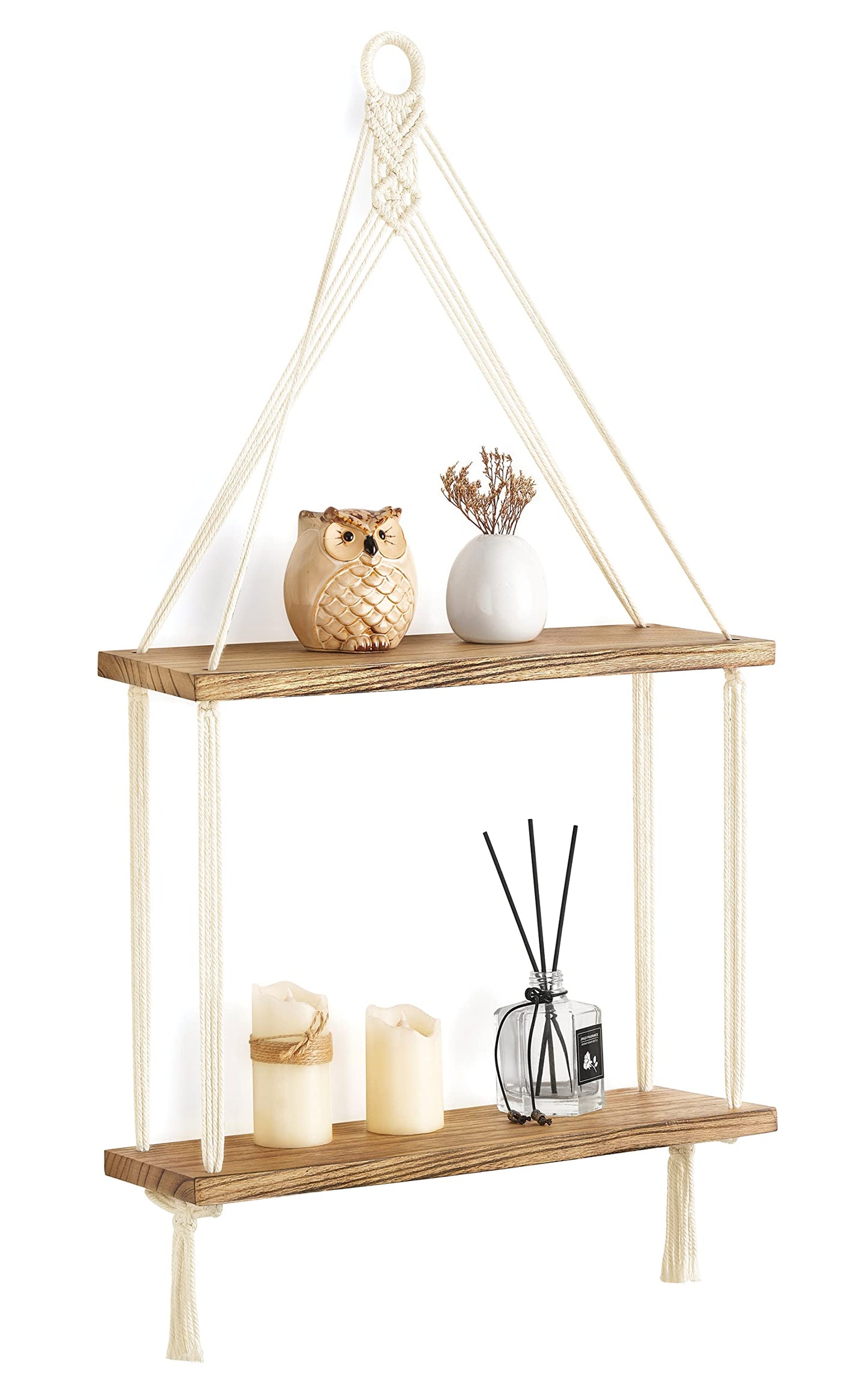 Macramé Double Wall Shelf – 2-Tier Boho Hanging Organizer with Wooden Ring