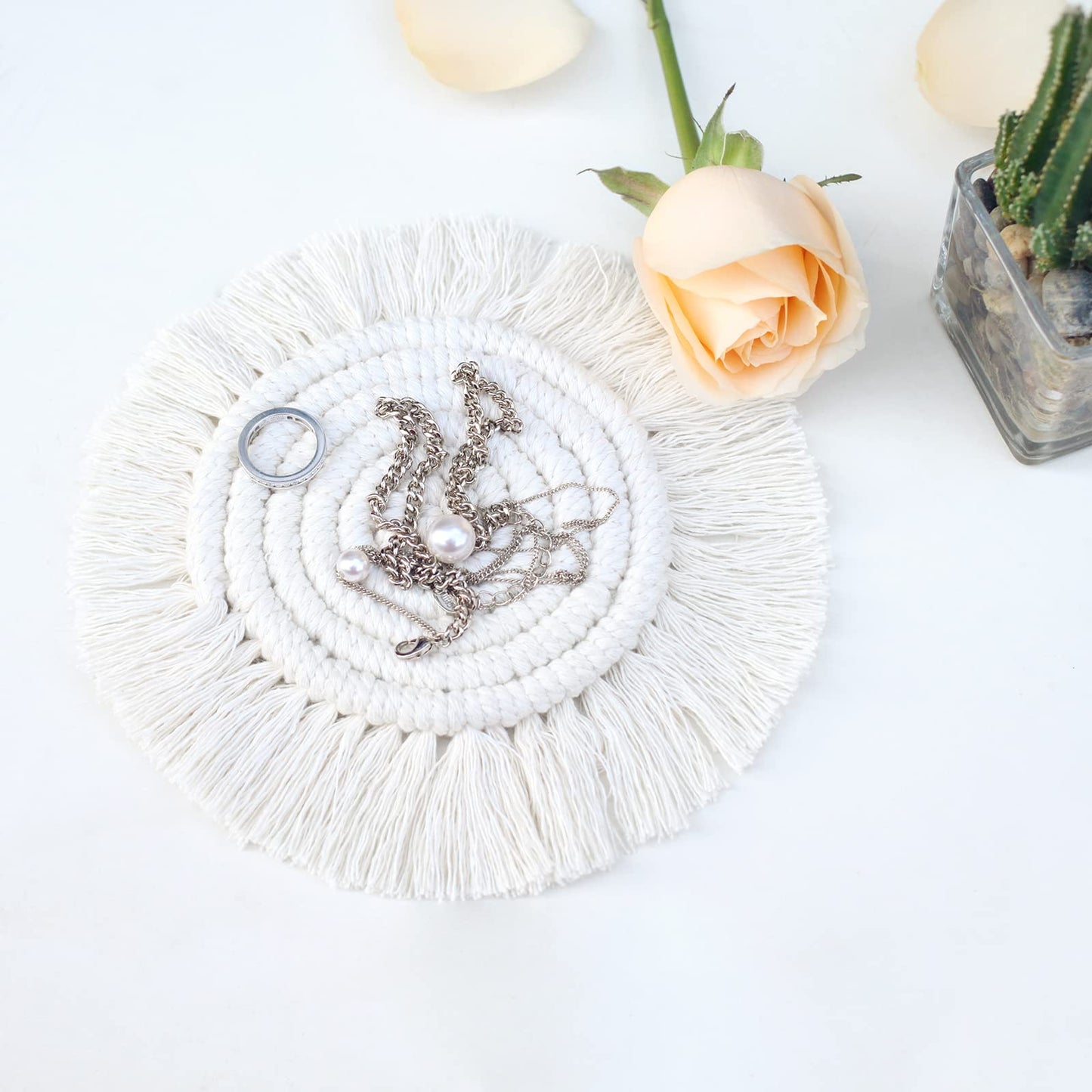 Macramé Tea Coaster Set (Set of 2) – Handwoven Cotton Boho Table Mats