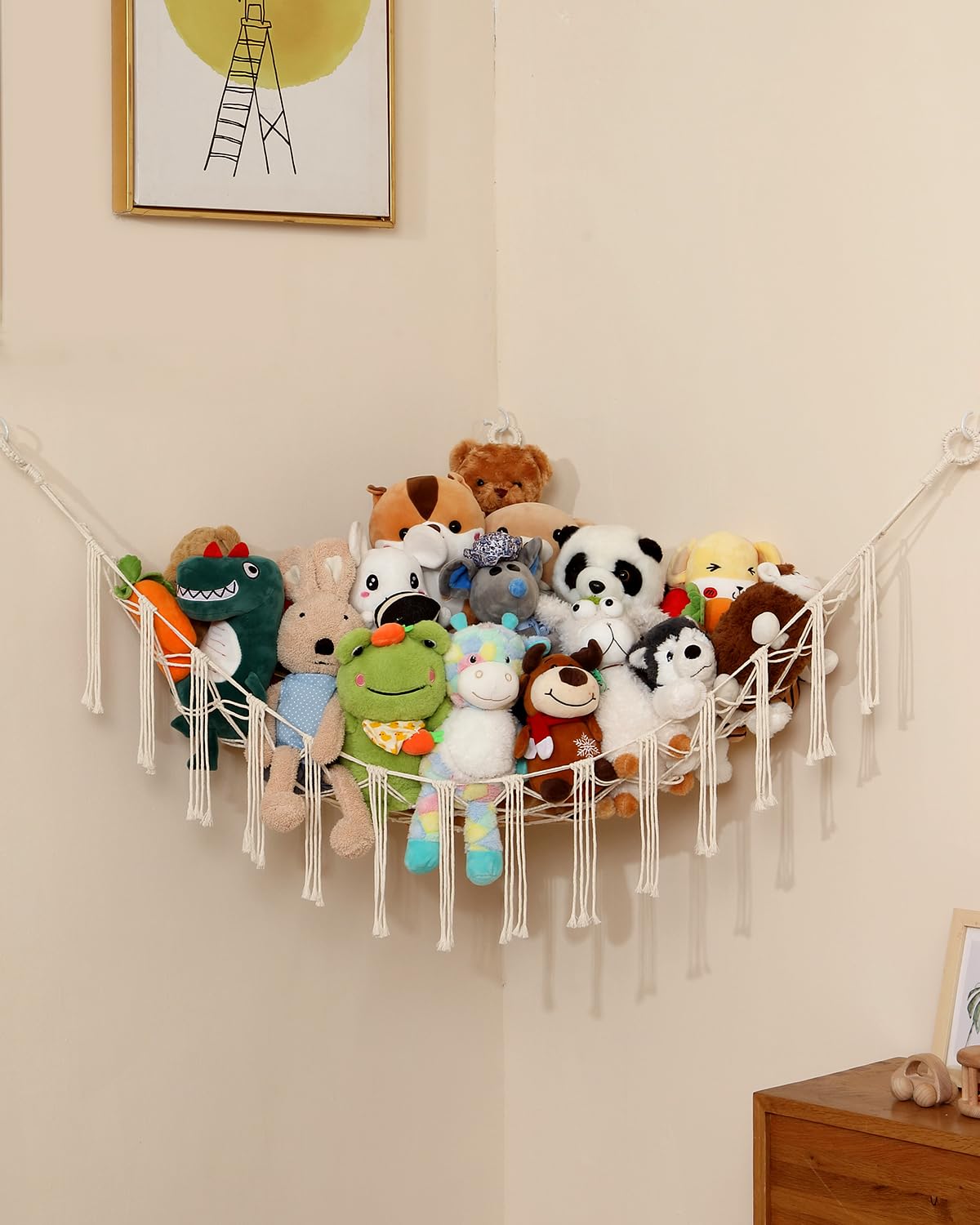 Macramé Toy Hammock – Boho Corner Net Organizer for Stuffed Animals