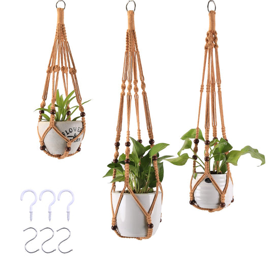 Macramé Plant Holder Set – Rustic Cotton Rope with Wooden Beads (Set of 3)