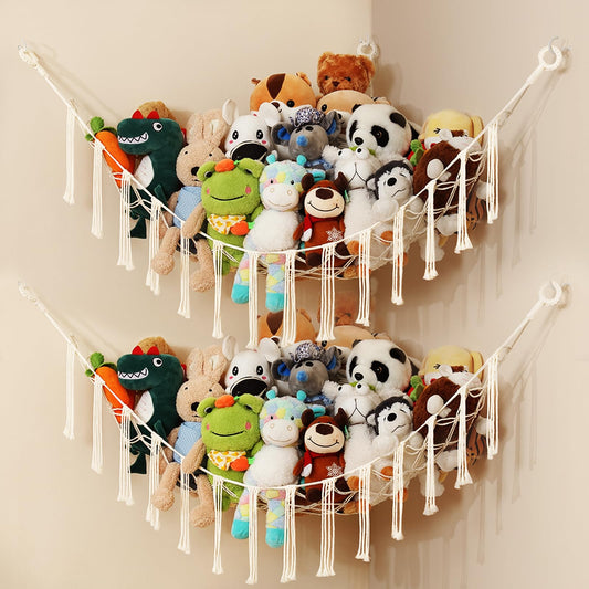Macramé Toy Hammock – Boho Corner Net Organizer for Stuffed Animals