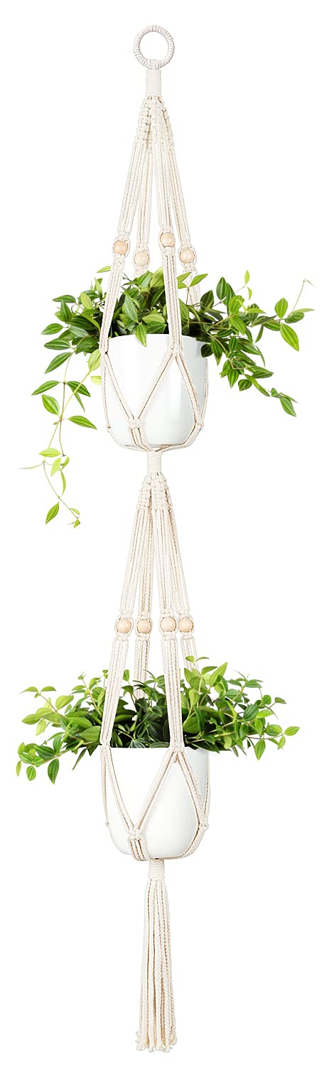 Macramé Double Plant Hanger – (Set 2) Indoor Boho Planter Holder