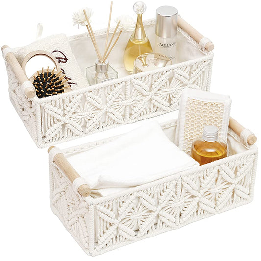 Set of 2 macramé storage baskets with cotton rope weave and wooden handles – Urban Nest