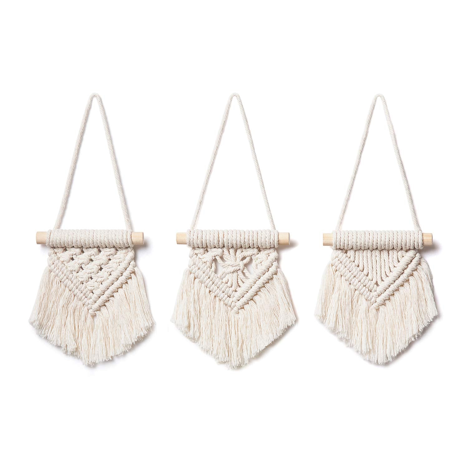 Mini macramé wall hanging – 8.5 inch handmade cotton fringe decor with wood dowel, boho style – Urban Nest