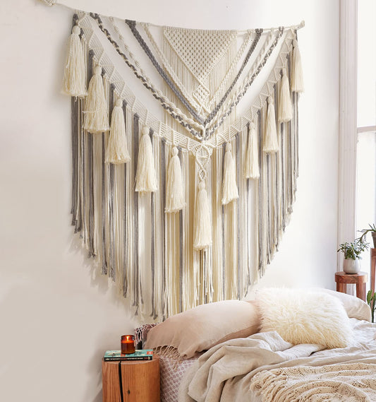 Two-tone macramé wall hanging with ivory and grey tassels in boho-style design – Urban Nest 