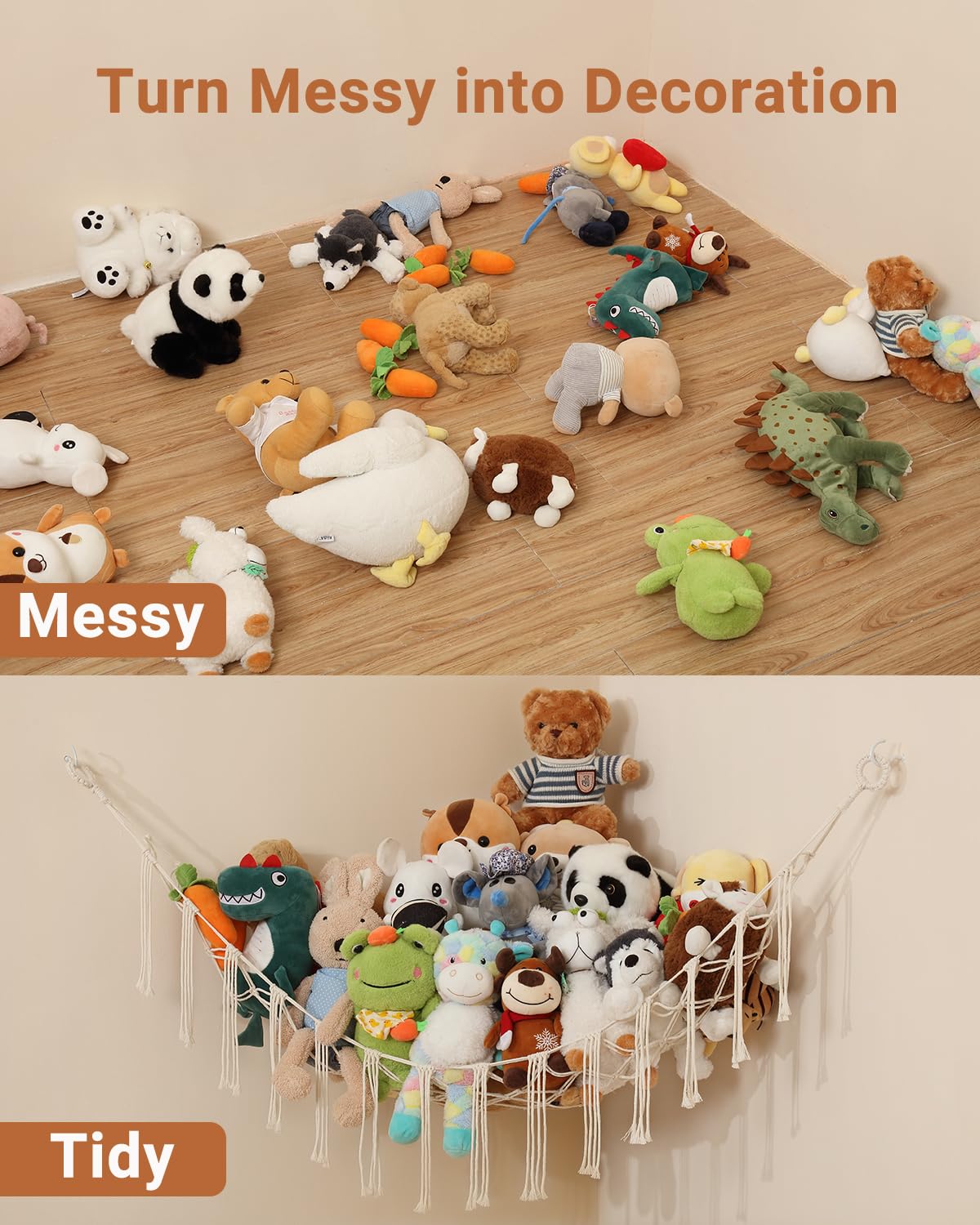 Macramé Toy Hammock – Boho Corner Net Organizer for Stuffed Animals