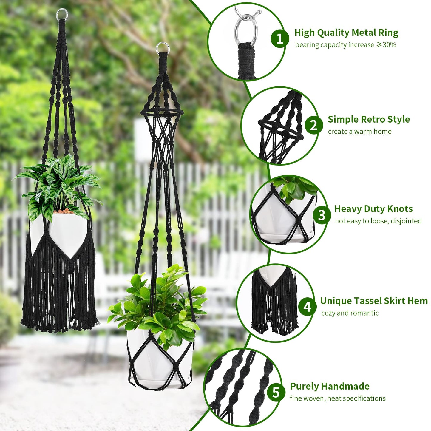 Macramé Plant Hanger Set – Black Cotton 6-Piece Bundle with Hooks