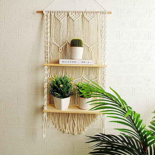 Macramé Wall Shelves – 2-Tier 16 Inch Hanging Display with Boho Backdrop