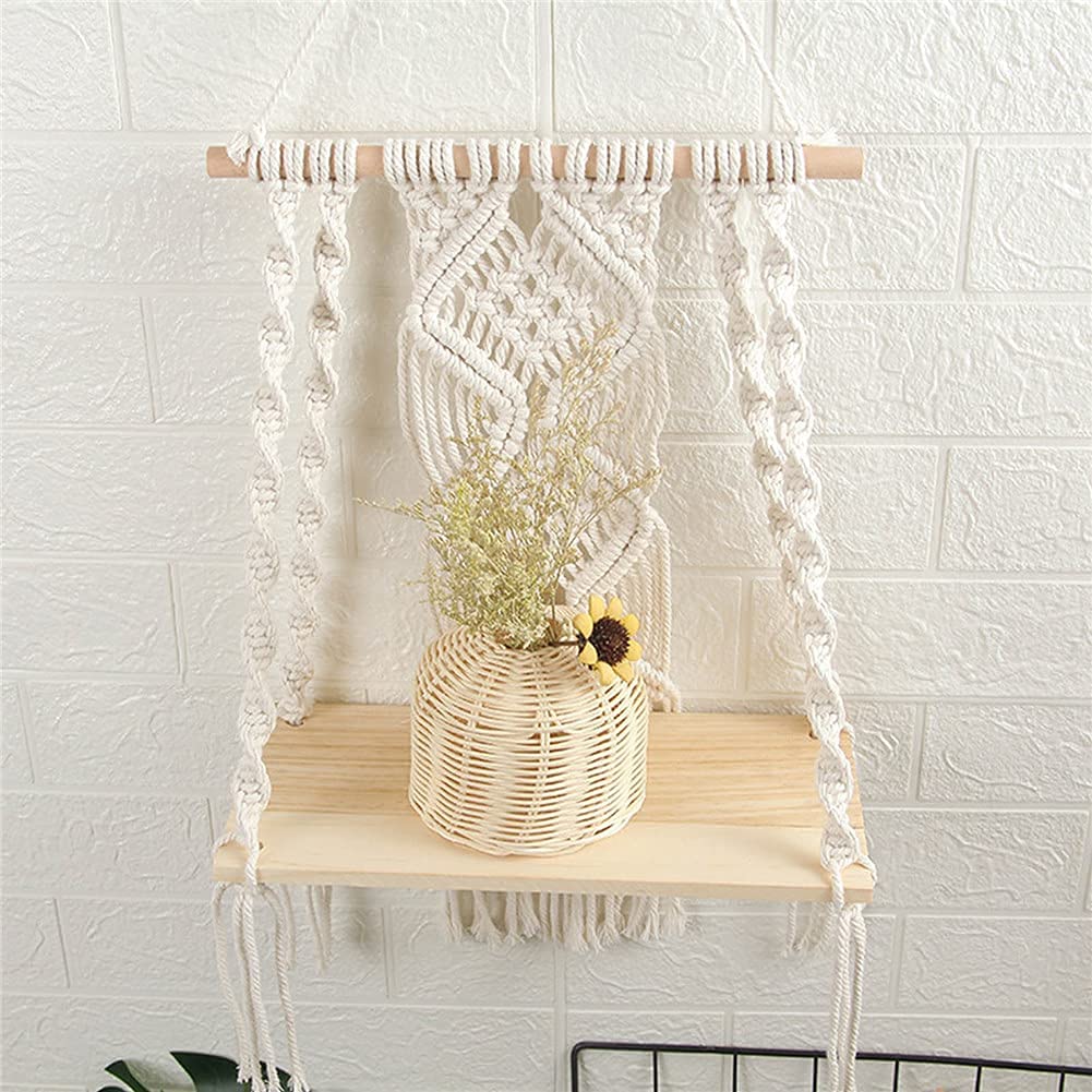 Macramé Wall Shelf – 14 Inch Boho Hanging Display with Wooden Base