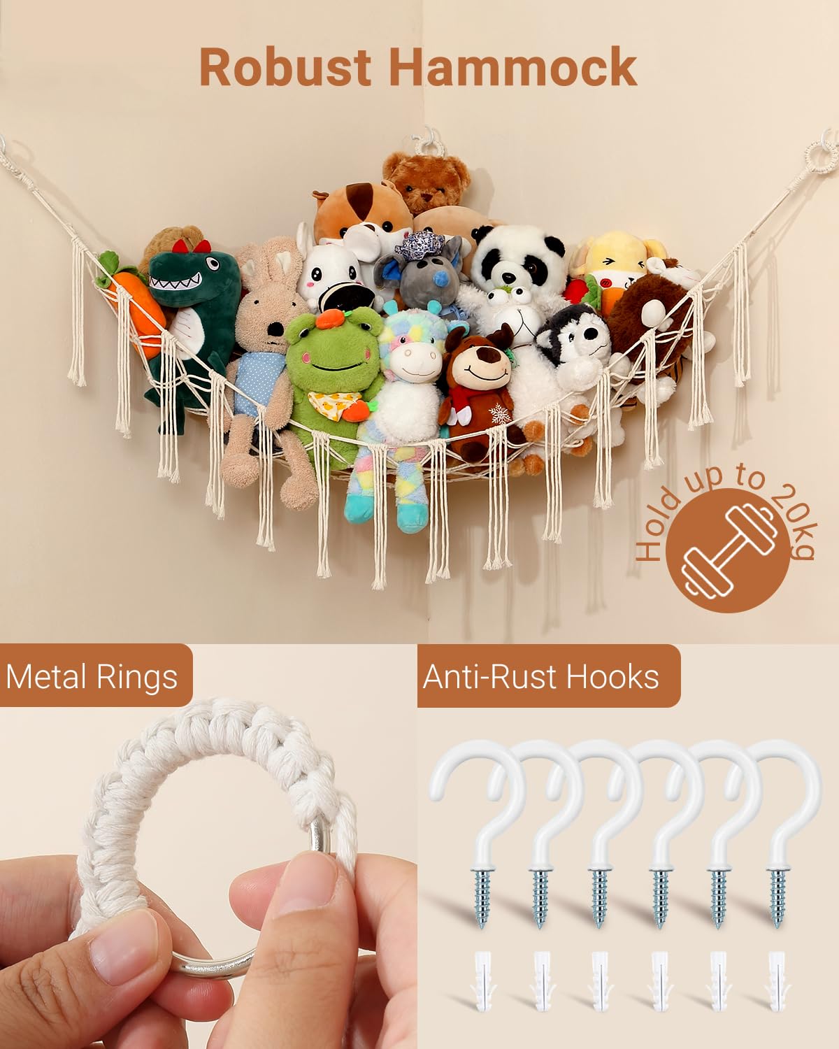 Macramé Toy Hammock – Boho Corner Net Organizer for Stuffed Animals