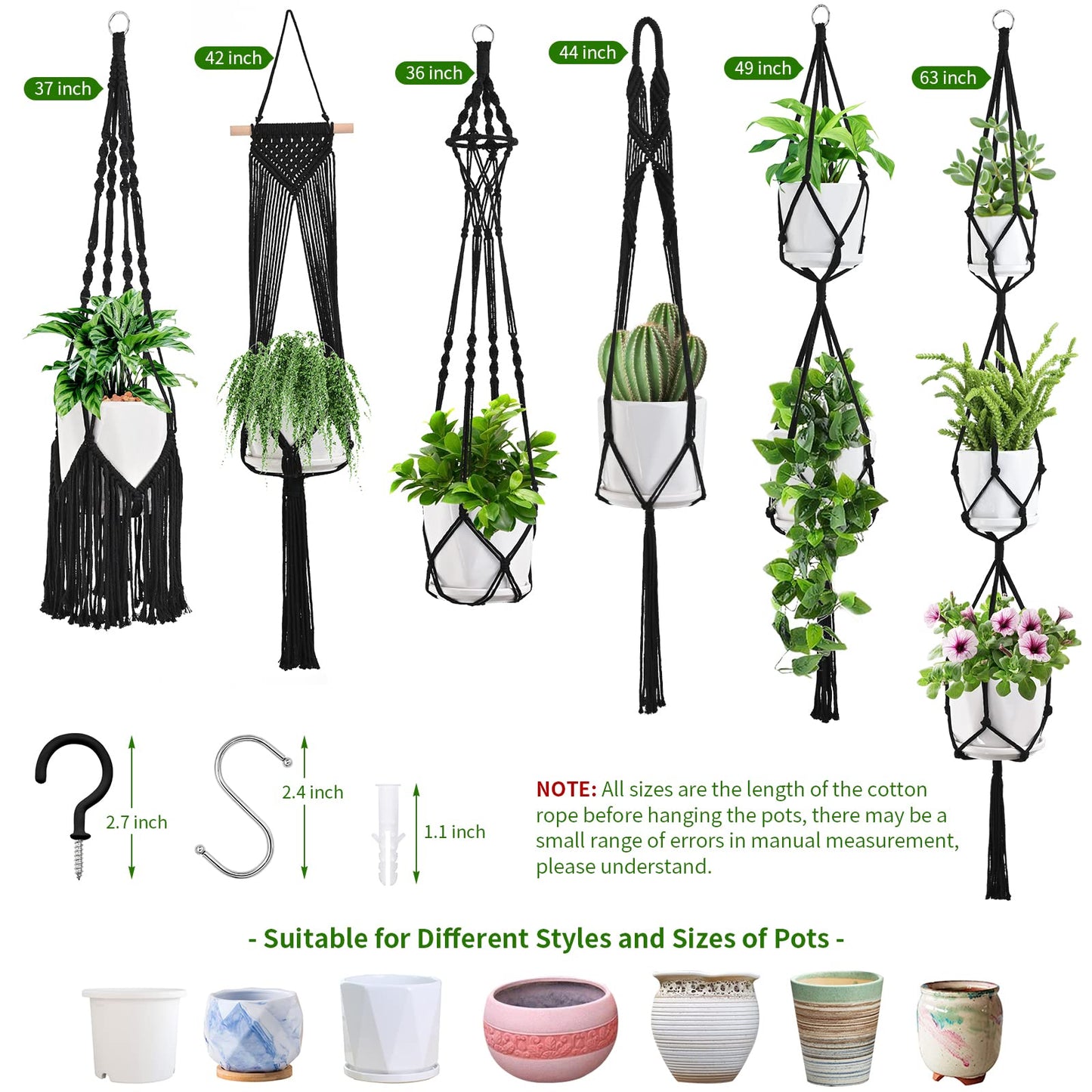Macramé Plant Hanger Set – Black Cotton 6-Piece Bundle with Hooks
