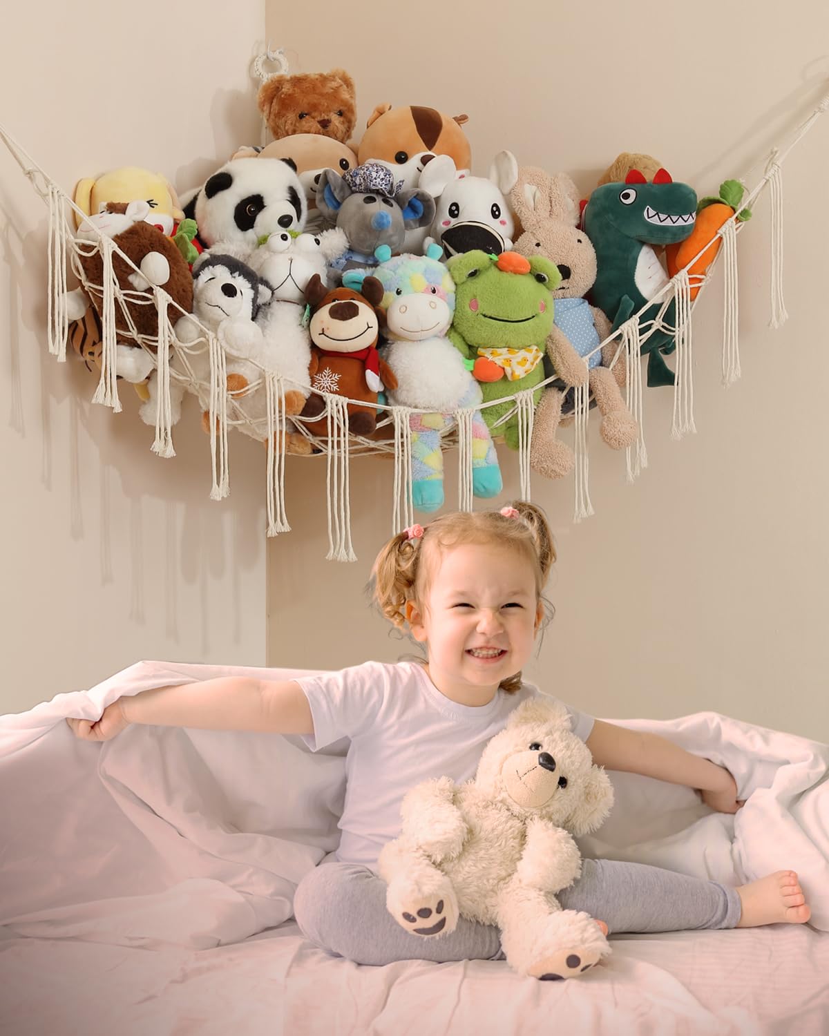 Macramé Toy Hammock – Boho Corner Net Organizer for Stuffed Animals